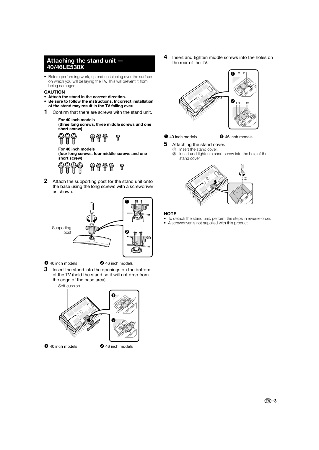 Sharp LC-40LE530X, LC-60LE630X Attaching the stand unit 40/46LE530X, Confirm that there are screws with the stand unit 