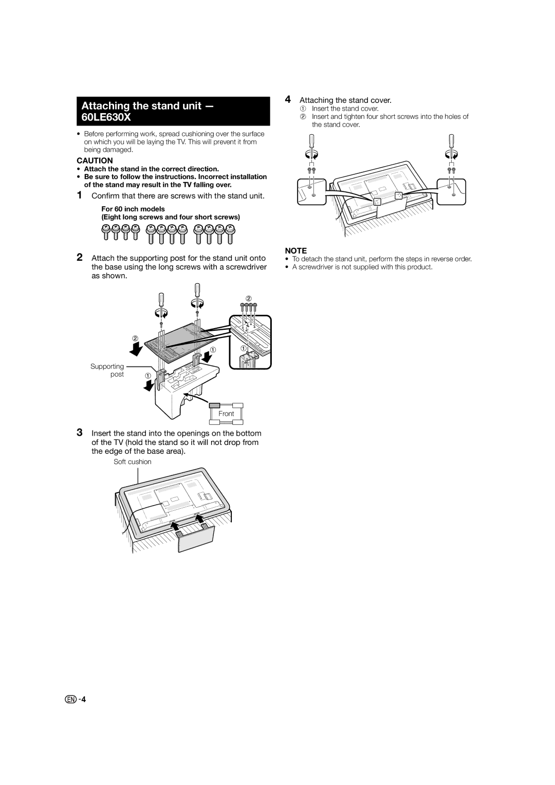 Sharp LC-60LE630X Attaching the stand unit, Insert, For 60 inch models Eight long screws and four short screws 