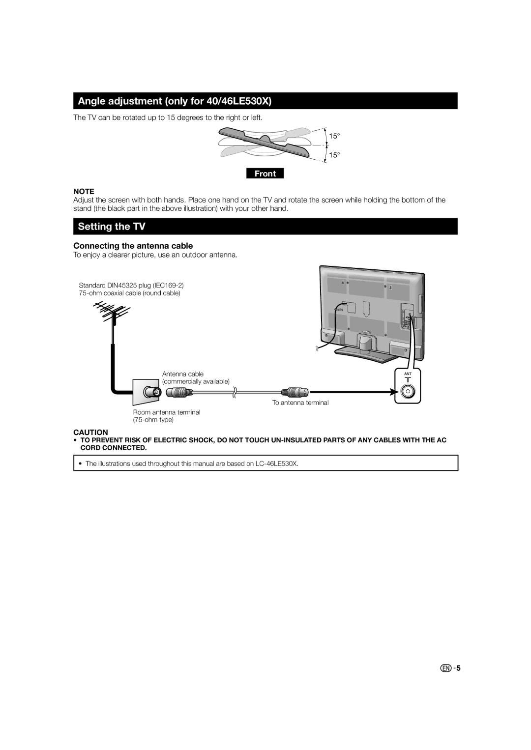 Sharp LC-46LE530X, LC-60LE630X Angle adjustment only for 40/46LE530X, Setting the TV, Connecting the antenna cable 