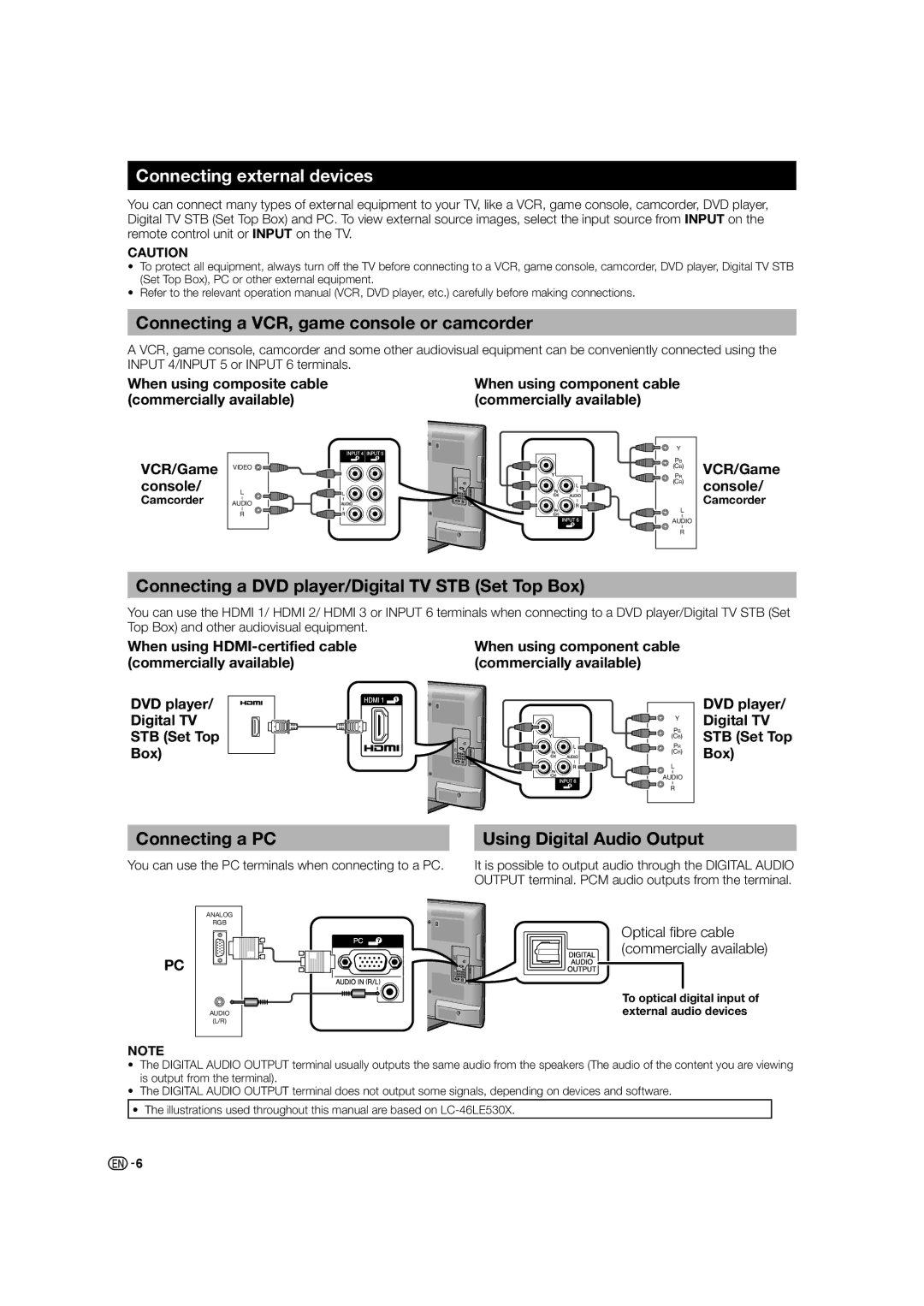 Sharp LC-40LE530X, LC-60LE630X Connecting external devices, Connecting a VCR, game console or camcorder, Connecting a PC 