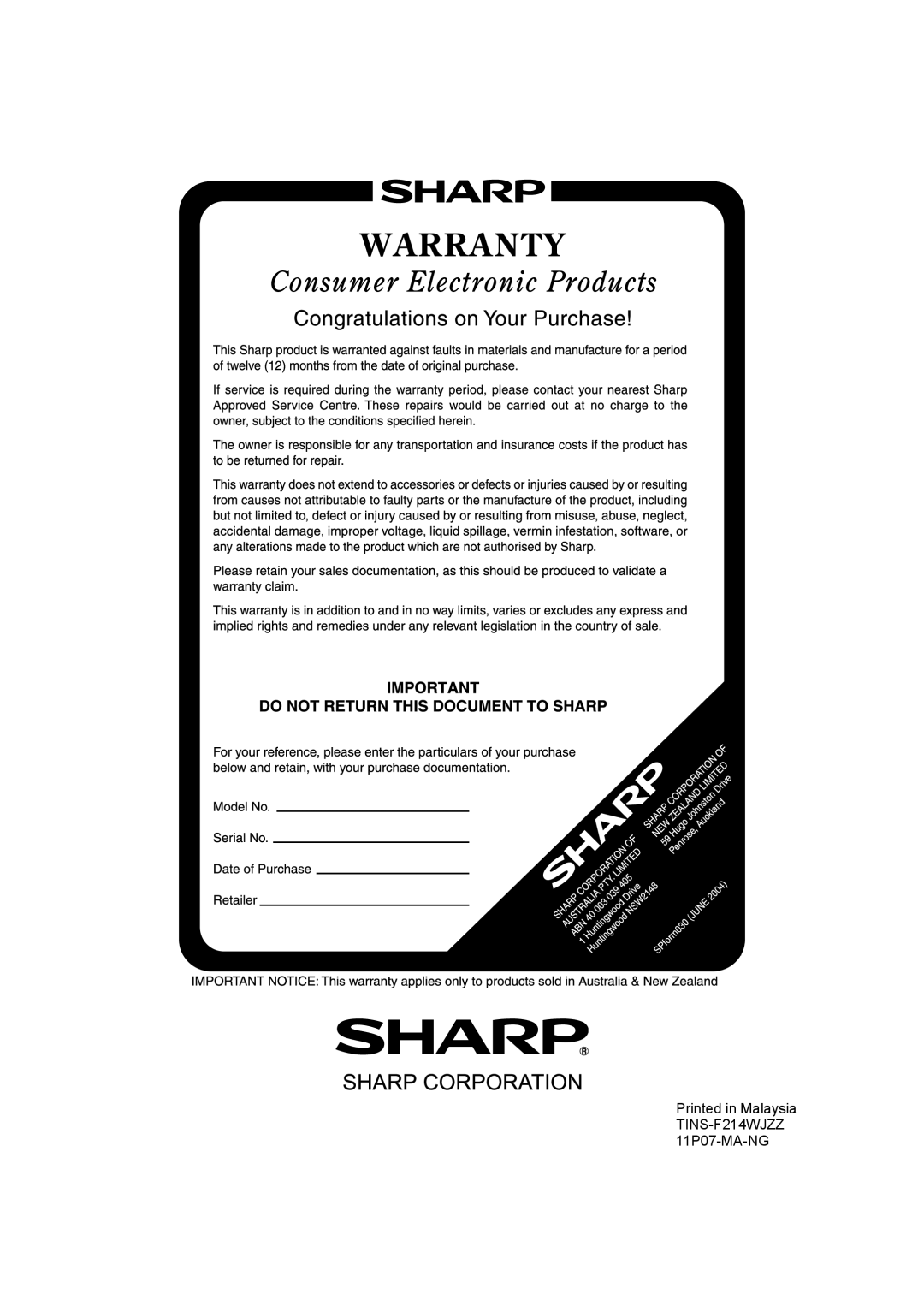 Sharp LC-46LE530X, LC-60LE630X, LC-40LE530X operation manual Printed in Malaysia TINS-F214WJZZ 11P07-MA-NG 