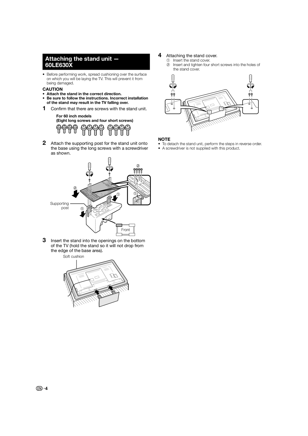 Sharp LC-60LE630X, LC-46LE530X Attaching the stand unit, Be sure to follow the instructions. Incorrect installation 