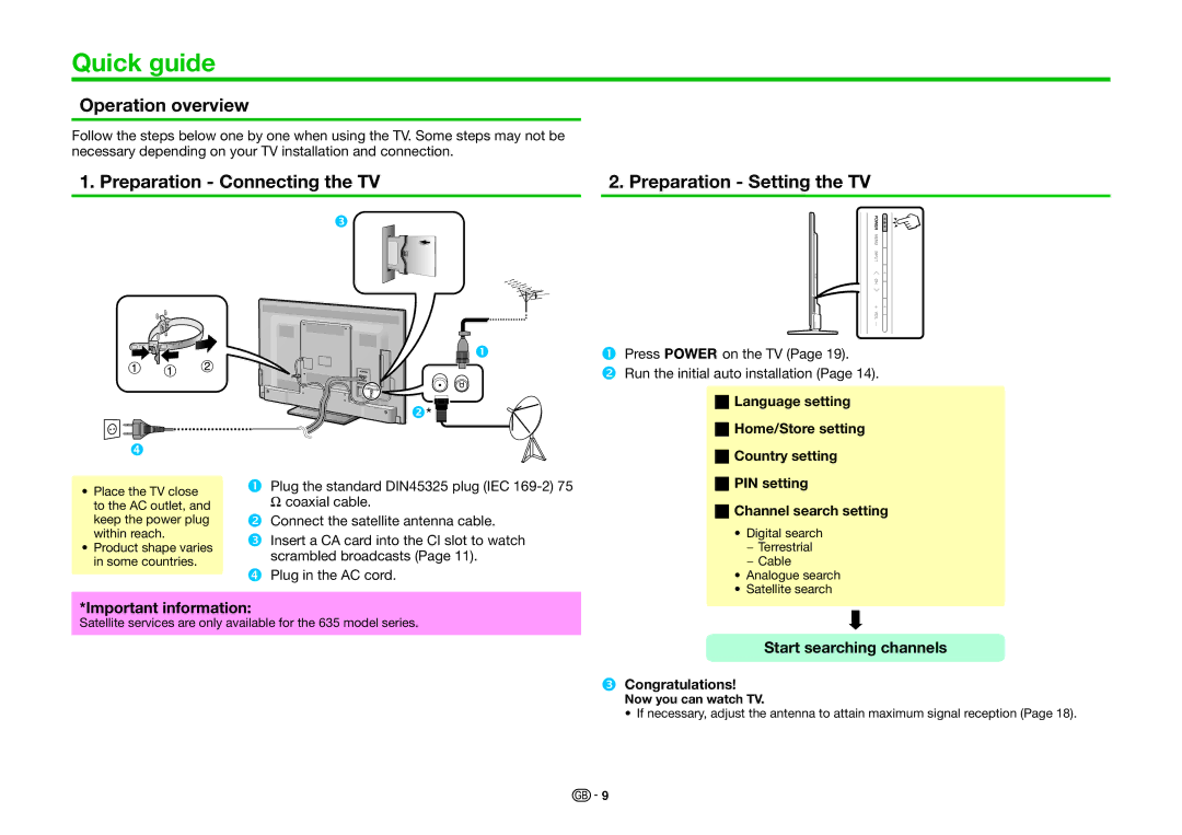 Sharp LC-60LE636S, LC-60LE636E Quick guide, Operation overview, Preparation Connecting the TV Preparation Setting the TV 