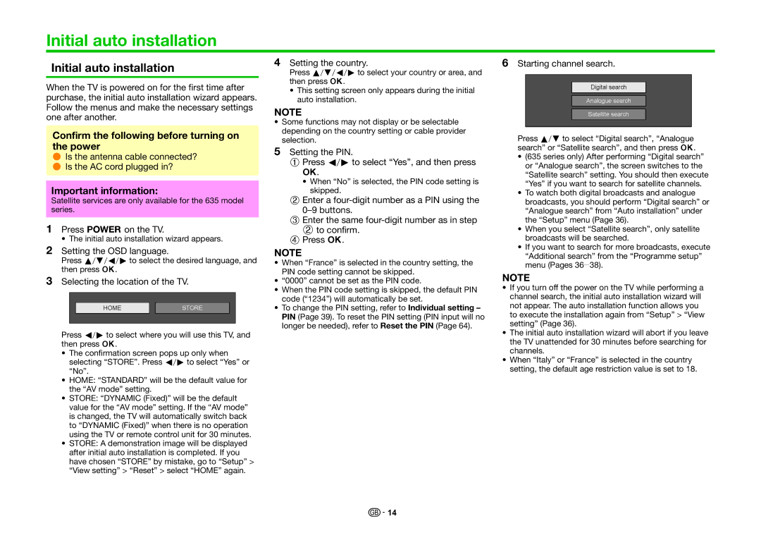 Sharp LC-60LE636E, LC-60LE635E, LC-60LE635RU Initial auto installation, Confirm the following before turning on the power 