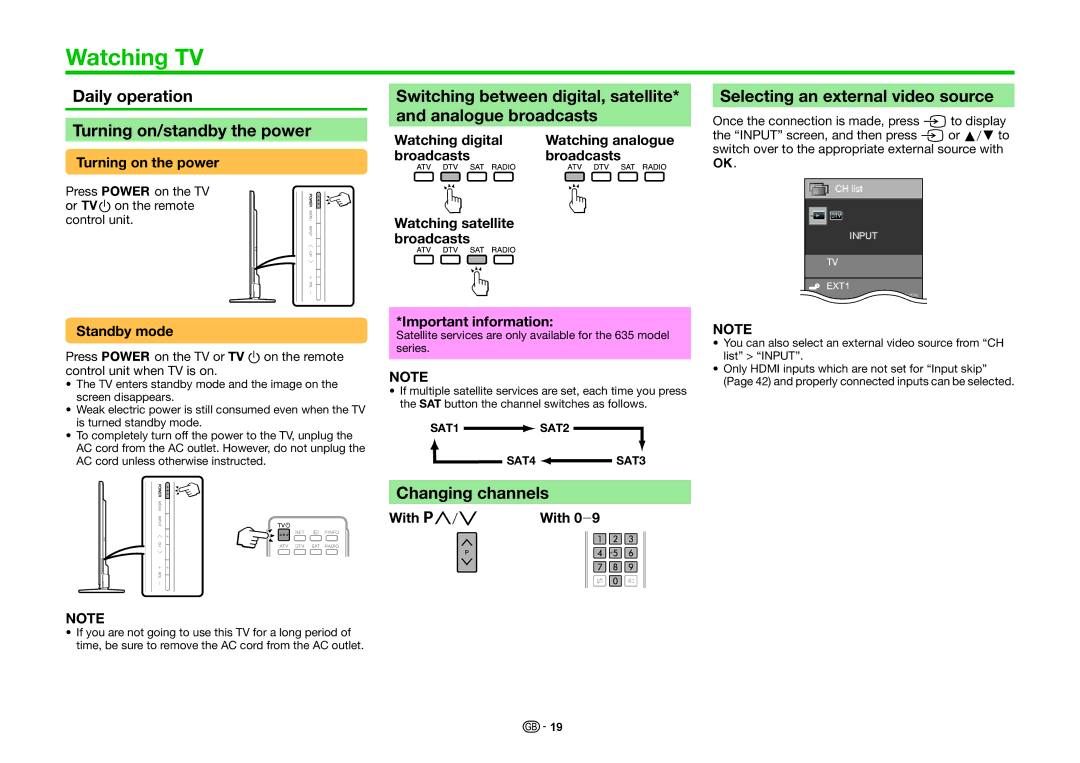 Sharp LC-60LE635E Watching TV, Daily operation Turning on/standby the power, Selecting an external video source 