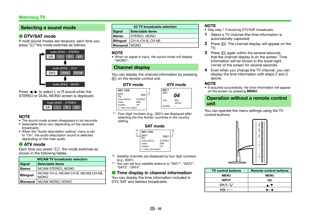 Sharp LC-60LE635RU, LC-60LE636E Selecting a sound mode, Channel display, Operation without a remote control unit 