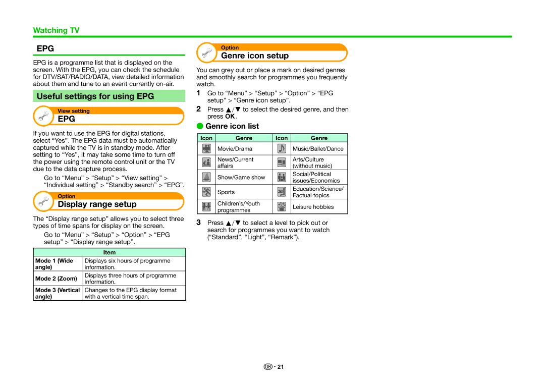 Sharp LC-60LE636S Useful settings for using EPG, Display range setup, Genre icon setup, Genre icon list, Icon Genre 