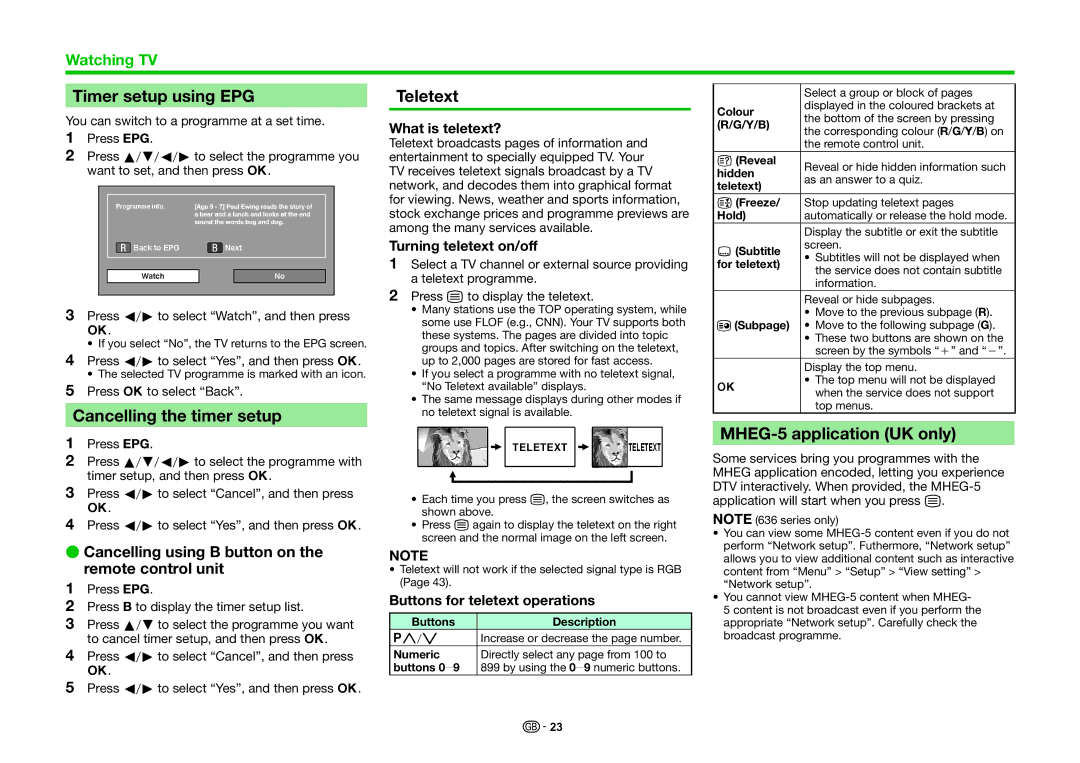 Sharp LC-60LE635E, LC-60LE636E Timer setup using EPG, Cancelling the timer setup, Teletext, MHEG-5 application UK only 