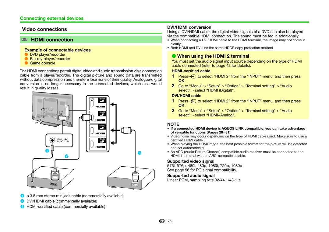 Sharp LC-60LE636S, LC-60LE636E, LC-60LE635E, LC-60LE635RU Video connections Hdmi connection, When using the Hdmi 2 terminal 