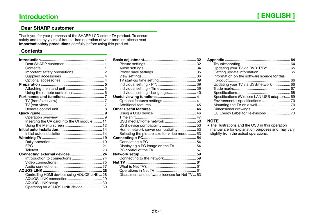 Sharp LC-60LE636S, LC-60LE636E, LC-60LE635E, LC-60LE635RU operation manual Introduction, Dear Sharp customer, Contents 