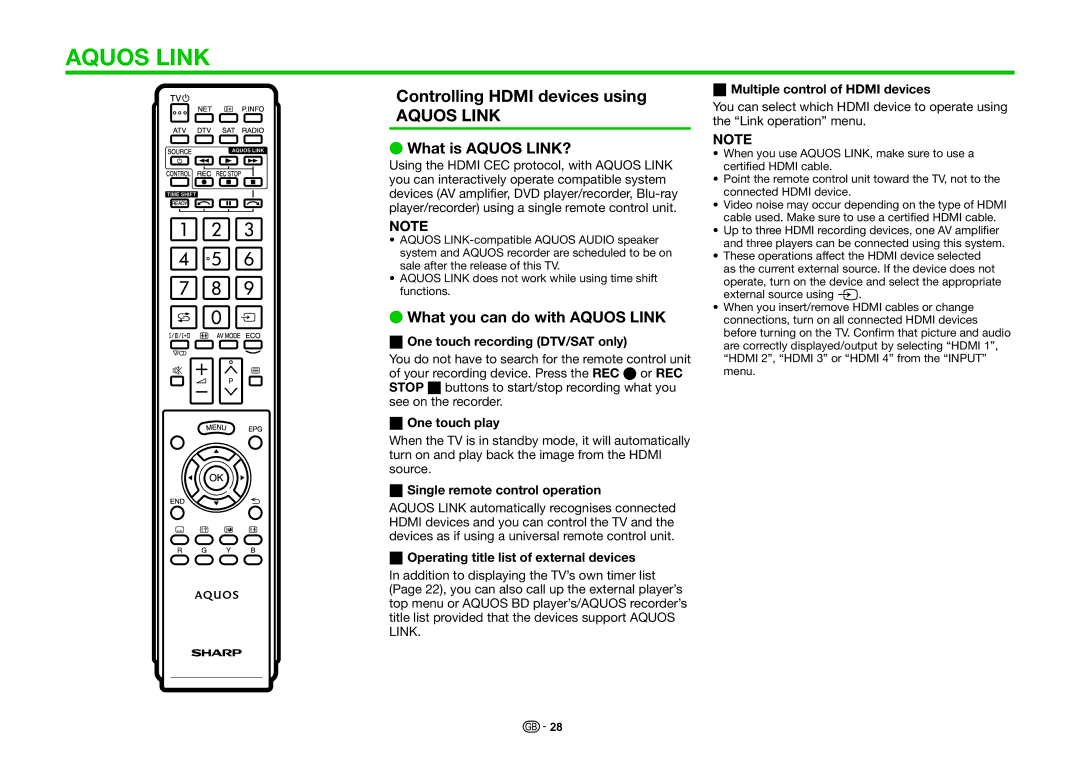 Sharp LC-60LE635RU, LC-60LE636E Controlling Hdmi devices using, What is Aquos LINK?, What you can do with Aquos Link 