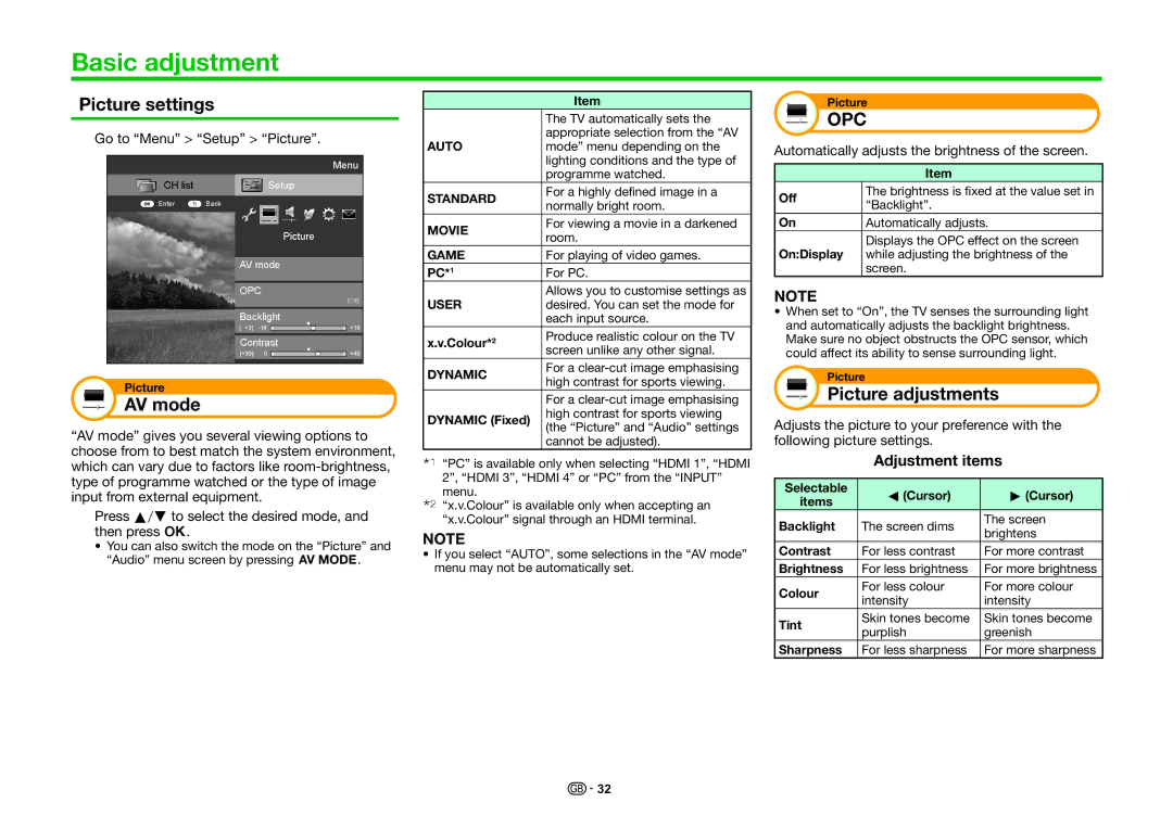 Sharp LC-60LE635RU, LC-60LE636E Basic adjustment, Picture settings, AV mode, Picture adjustments, Adjustment items 