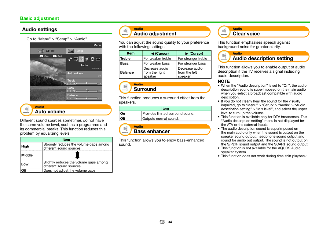 Sharp LC-60LE636E, LC-60LE635E Audio settings, Auto volume, Audio adjustment, Surround, Bass enhancer, Clear voice 
