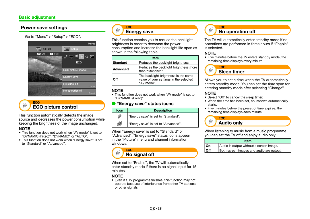 Sharp LC-60LE635E Power save settings, ECO picture control, Energy save, No signal off, No operation off, Sleep timer 