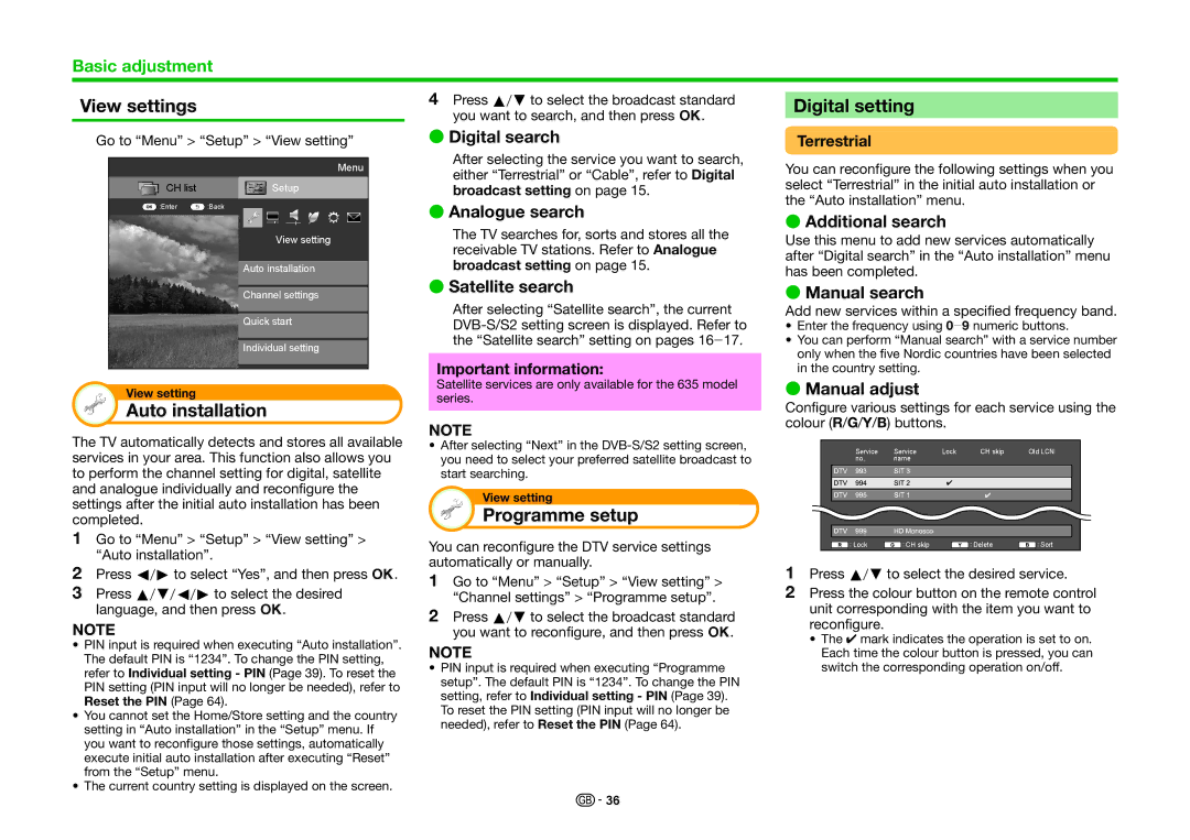 Sharp LC-60LE635RU, LC-60LE636E, LC-60LE635E, LC-60LE636S View settings, Digital setting, Auto installation, Programme setup 