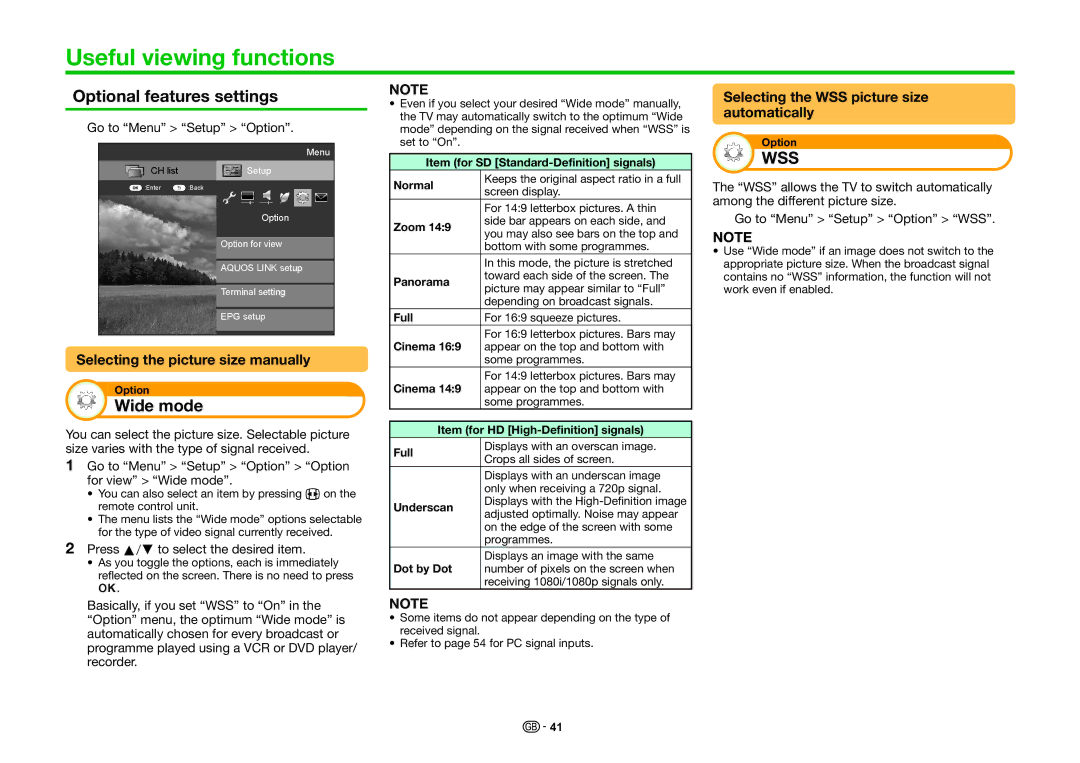 Sharp LC-60LE636S Useful viewing functions, Optional features settings, Wide mode, Selecting the picture size manually 