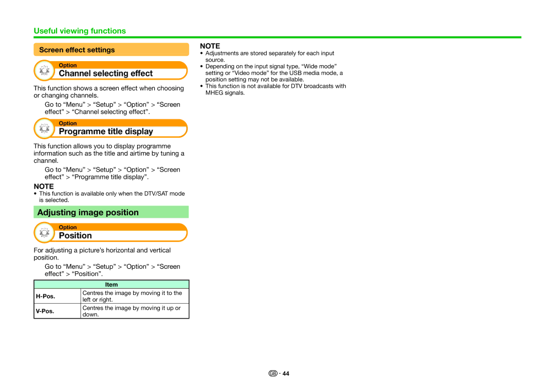 Sharp LC-60LE635RU, LC-60LE636E Channel selecting effect, Programme title display, Adjusting image position, Position 