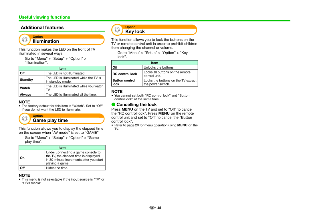 Sharp LC-60LE636S, LC-60LE636E Additional features, Illumination, Game play time, Key lock, Cancelling the lock 