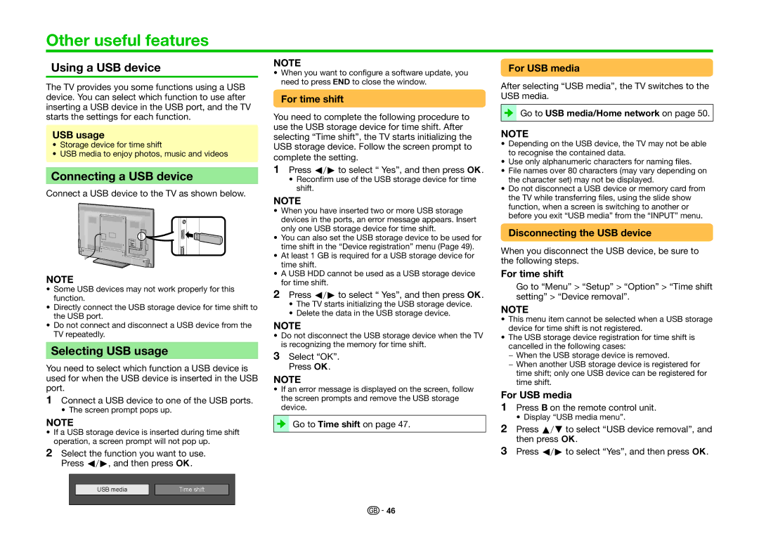 Sharp LC-60LE636E, LC-60LE635E Other useful features, Using a USB device, Connecting a USB device, Selecting USB usage 