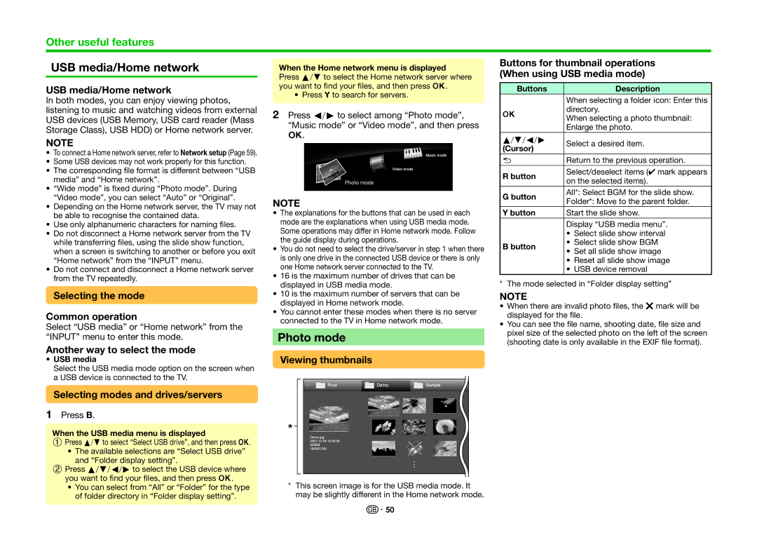 Sharp LC-60LE636E, LC-60LE635E, LC-60LE635RU, LC-60LE636S operation manual USB media/Home network, Photo mode 