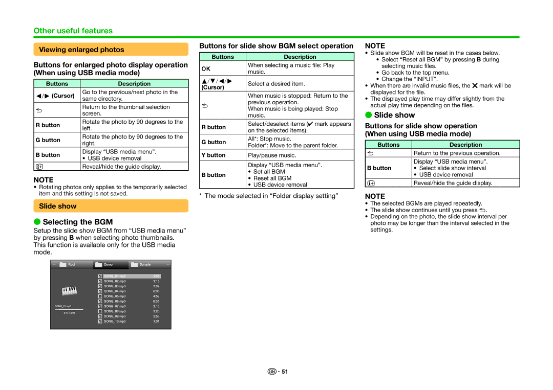 Sharp LC-60LE635E, LC-60LE636E, LC-60LE635RU Selecting the BGM, Slide show, Buttons for slide show BGM select operation 