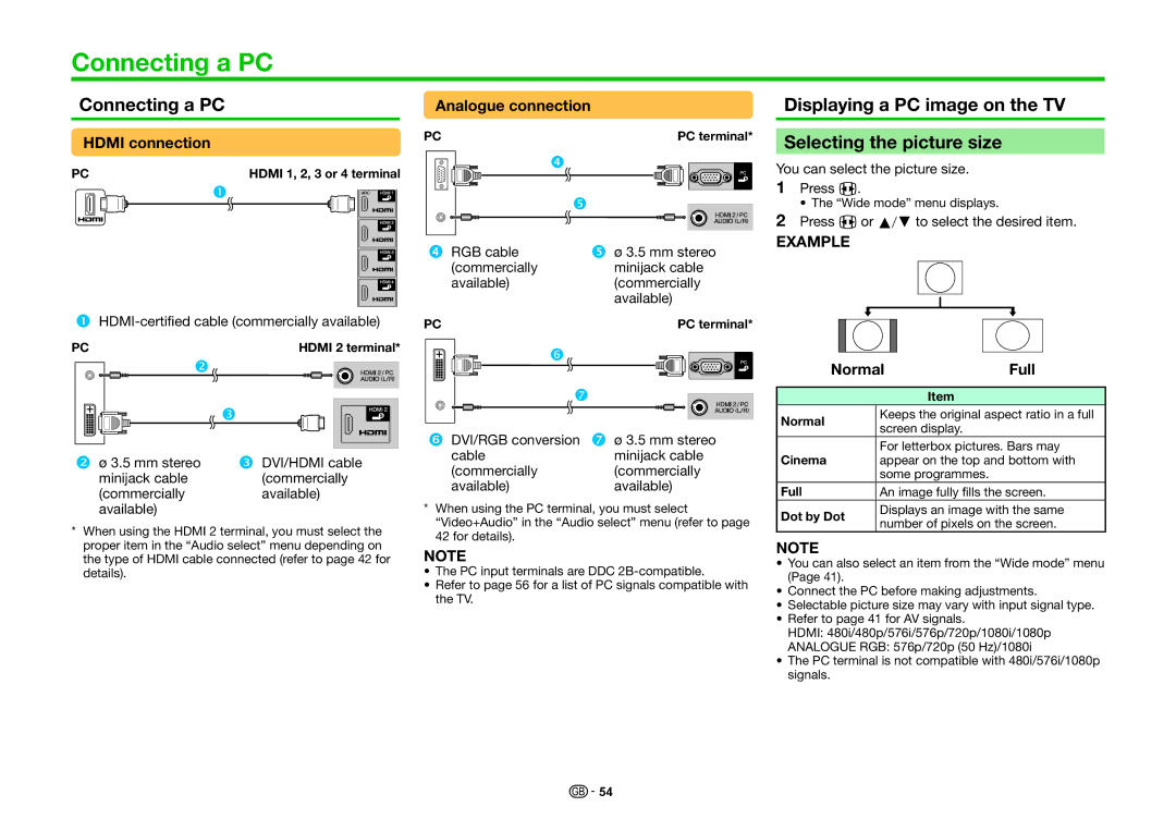 Sharp LC-60LE636E, LC-60LE635E, LC-60LE635RU Connecting a PC, Displaying a PC image on the TV Selecting the picture size 