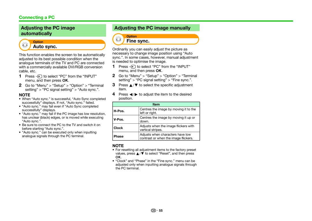 Sharp LC-60LE635E, LC-60LE636E Adjusting the PC image automatically, Auto sync, Adjusting the PC image manually, Fine sync 