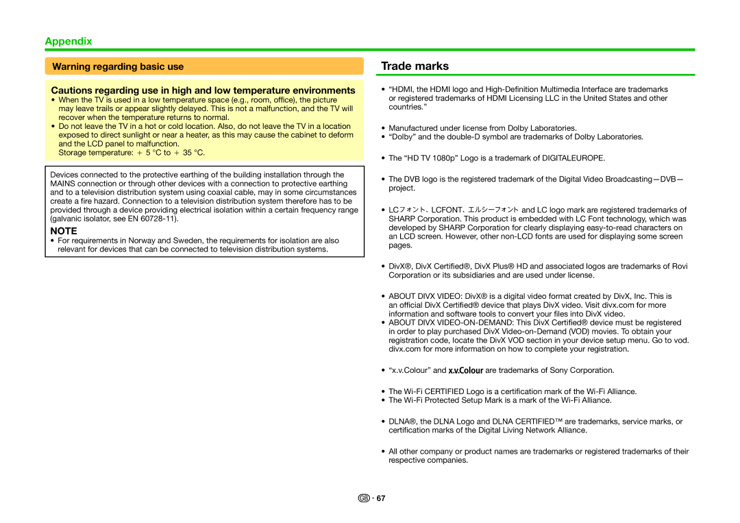 Sharp LC-60LE635E, LC-60LE636E, LC-60LE635RU, LC-60LE636S operation manual Trade marks 