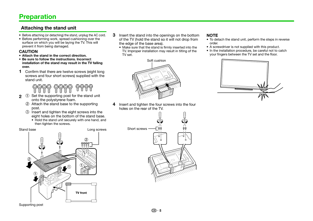 Sharp LC-60LE636S, LC-60LE636E, LC-60LE635E, LC-60LE635RU operation manual Preparation, Attaching the stand unit 