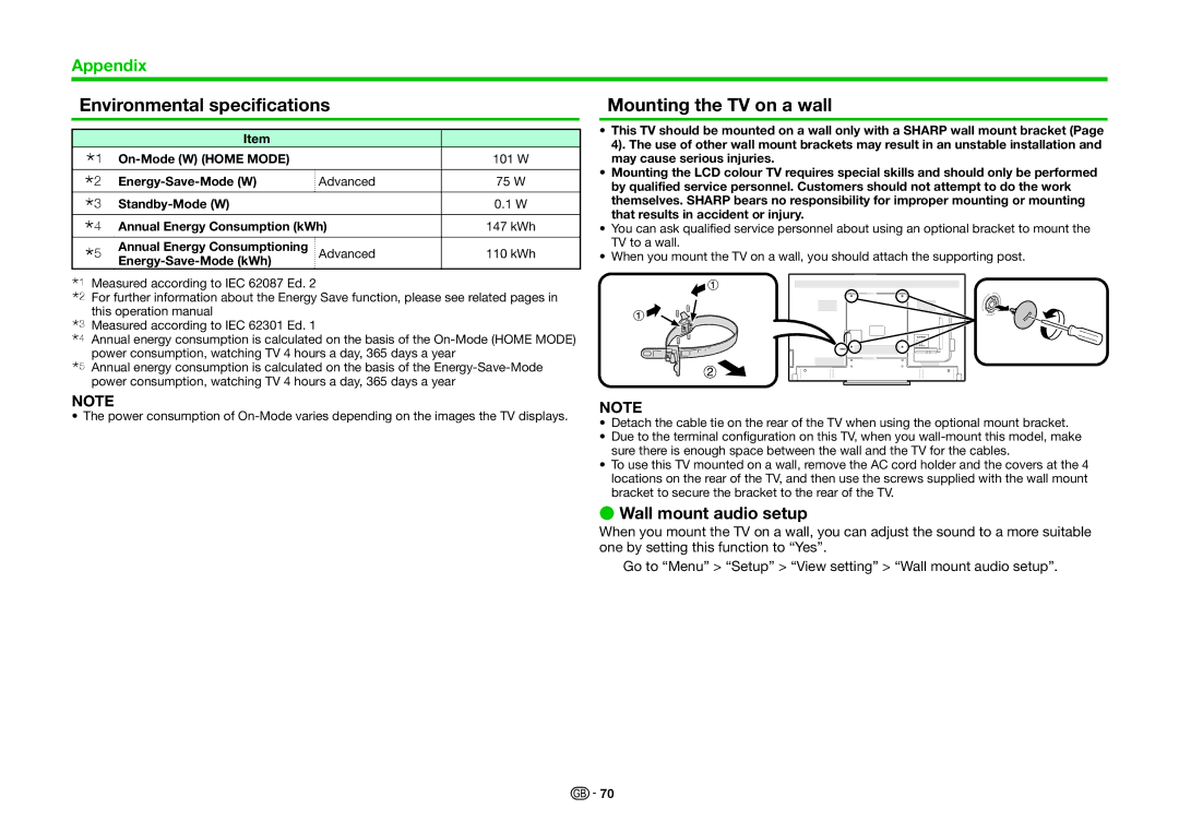 Sharp LC-60LE636E Environmental specifications, Mounting the TV on a wall, Wall mount audio setup, Energy-Save-Mode kWh 