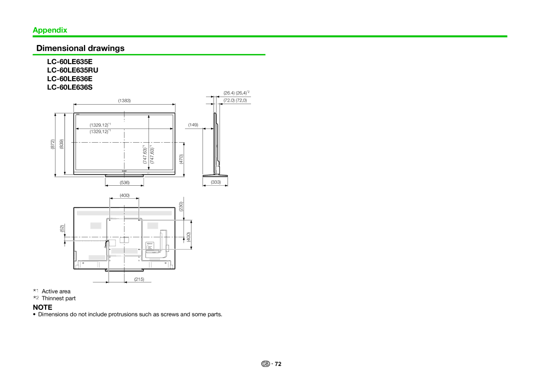 Sharp operation manual Dimensional drawings, LC-60LE635E LC-60LE635RU LC-60LE636E LC-60LE636S 