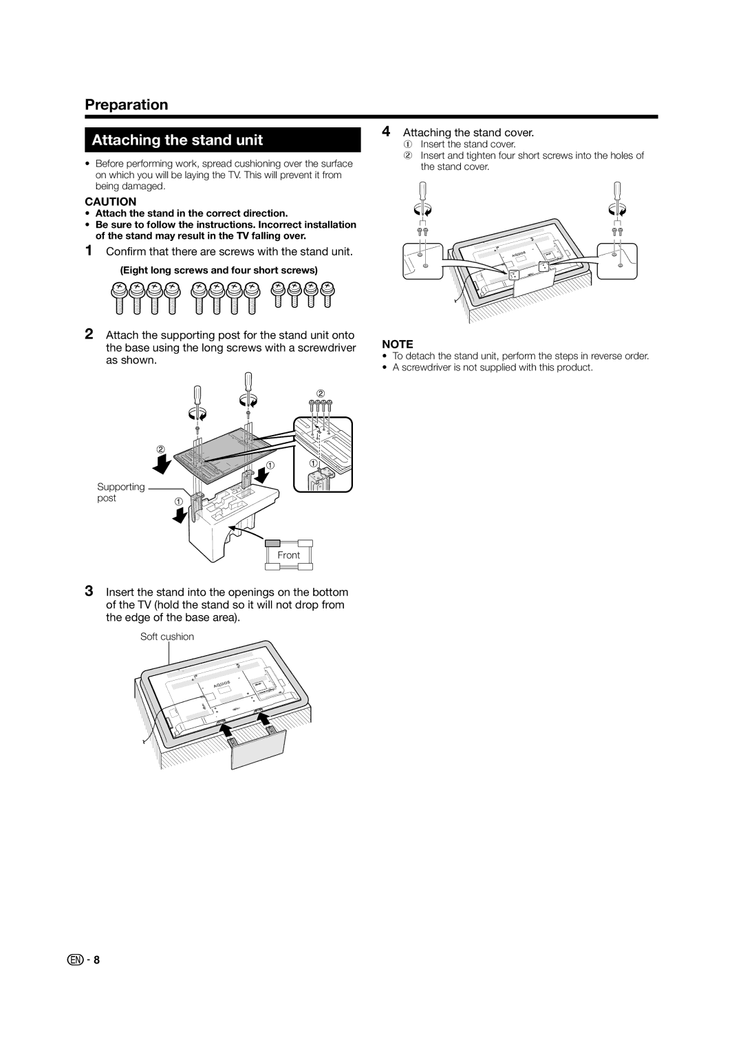 Sharp LC-60LE640X operation manual Preparation, Attaching the stand unit, Attaching the stand cover 