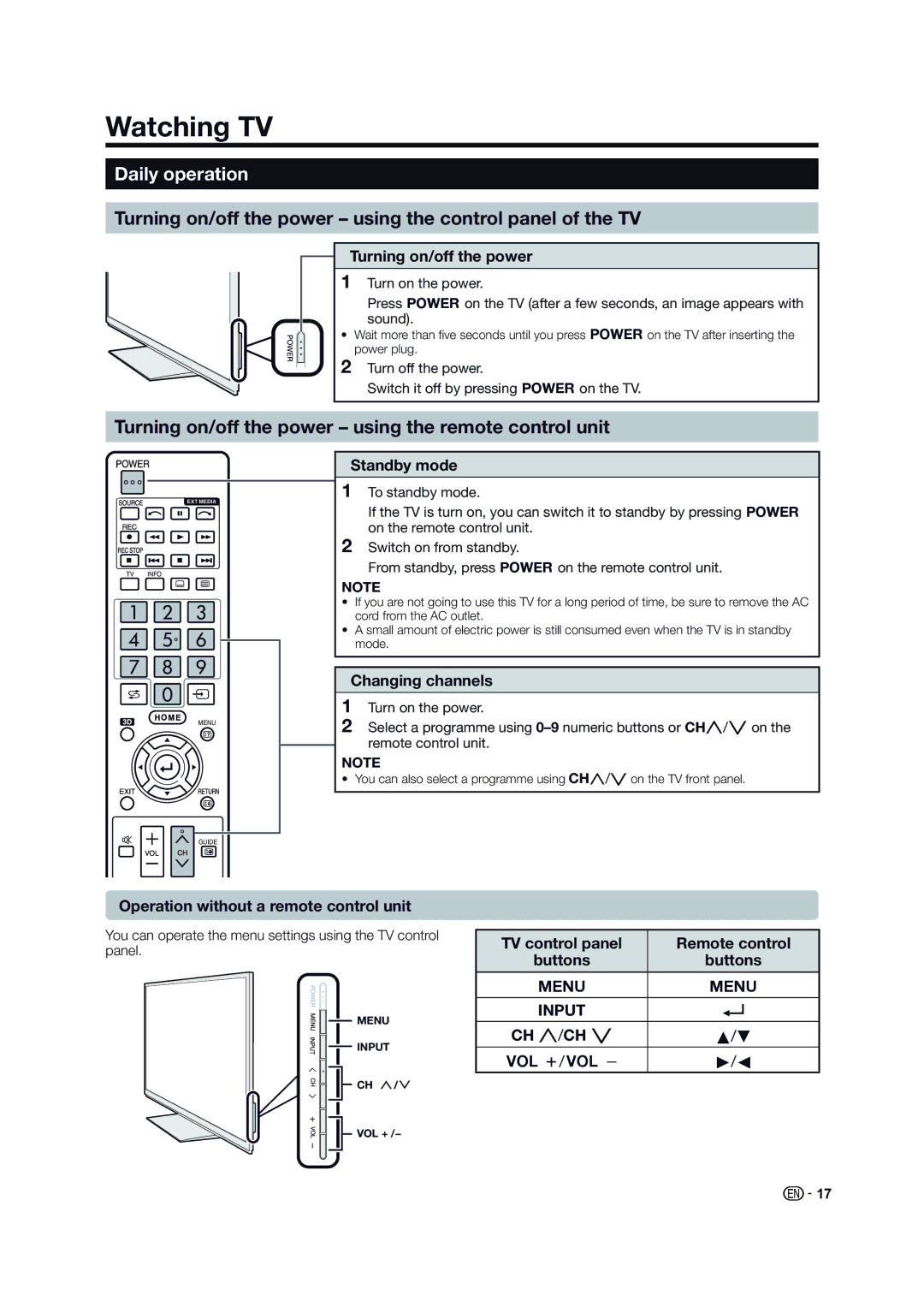 Sharp LC-60LE640X operation manual Watching TV, Daily operation, Turning on/off the power using the control panel of the TV 