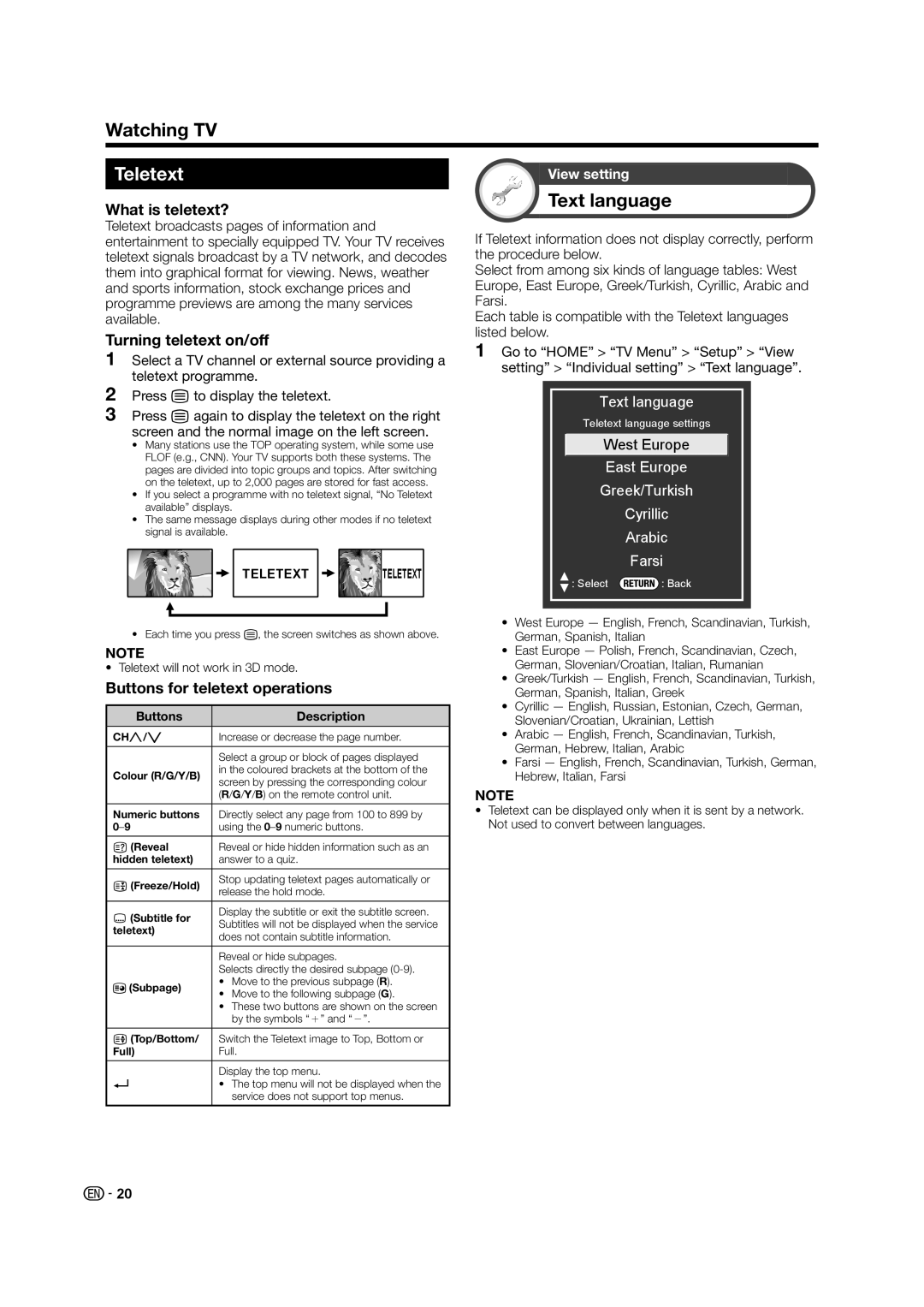 Sharp LC-60LE640X operation manual Watching TV, Teletext, Text language 