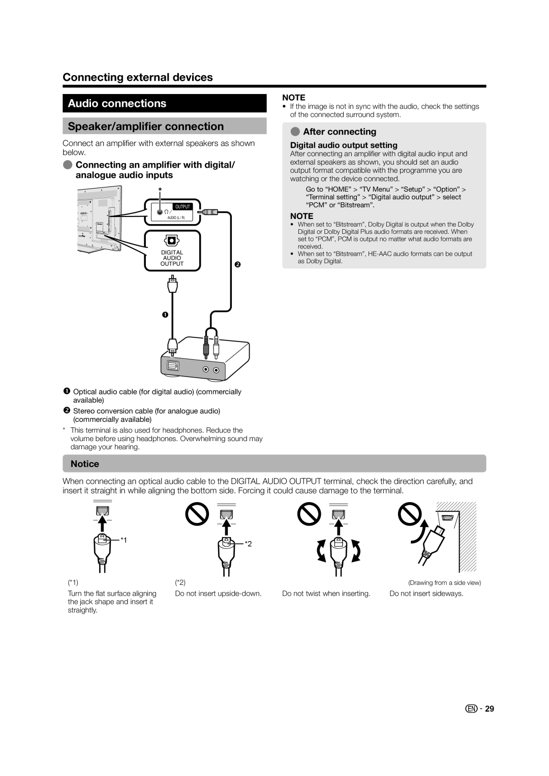 Sharp LC-60LE640X Audio connections, Speaker/amplifier connection, EAfter connecting, Digital audio output setting 