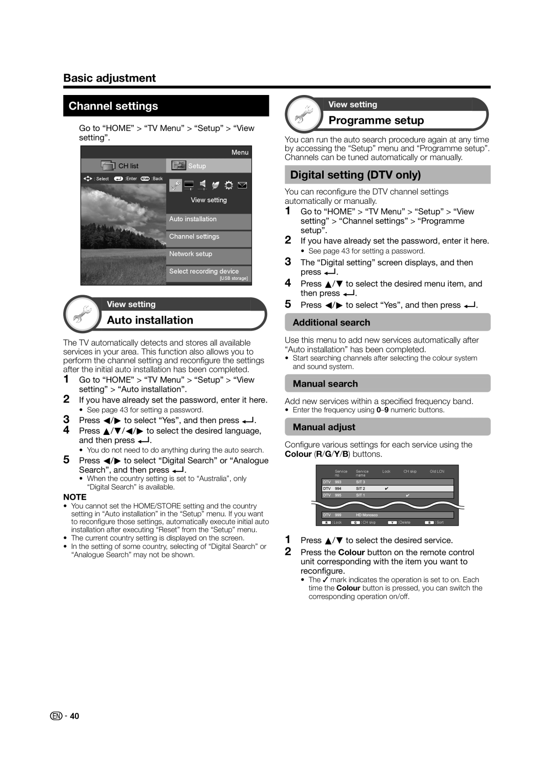 Sharp LC-60LE640X operation manual Channel settings, Auto installation, Programme setup, Digital setting DTV only 