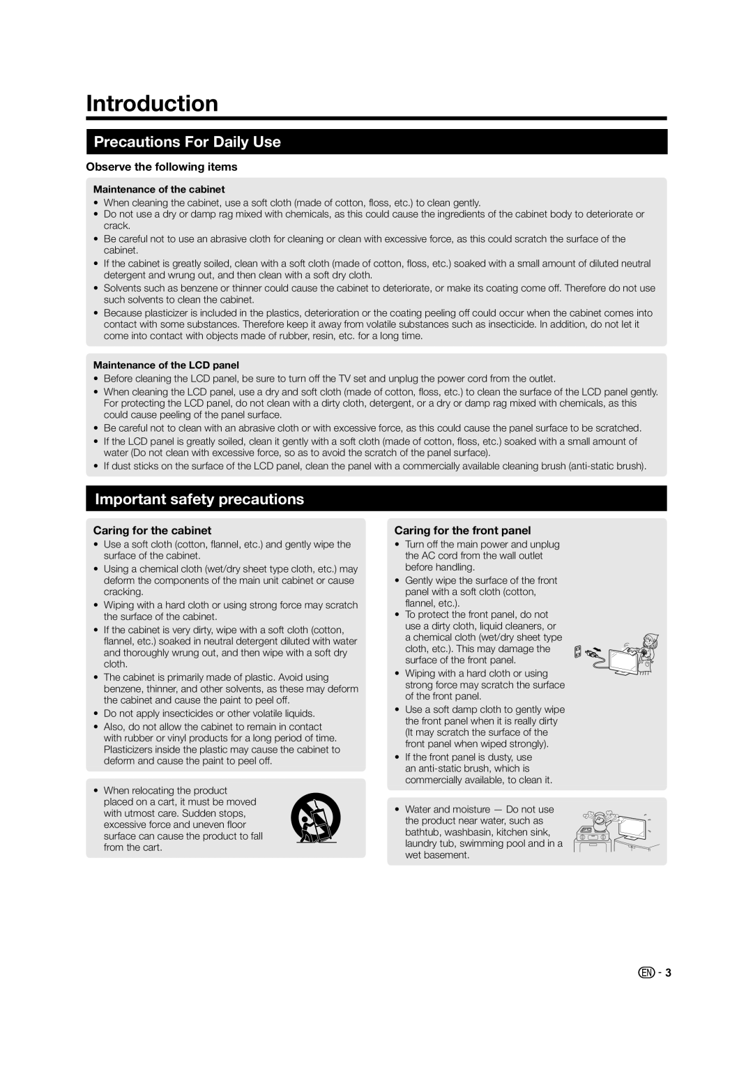 Sharp LC-60LE640X operation manual Introduction, Precautions For Daily Use, Important safety precautions 