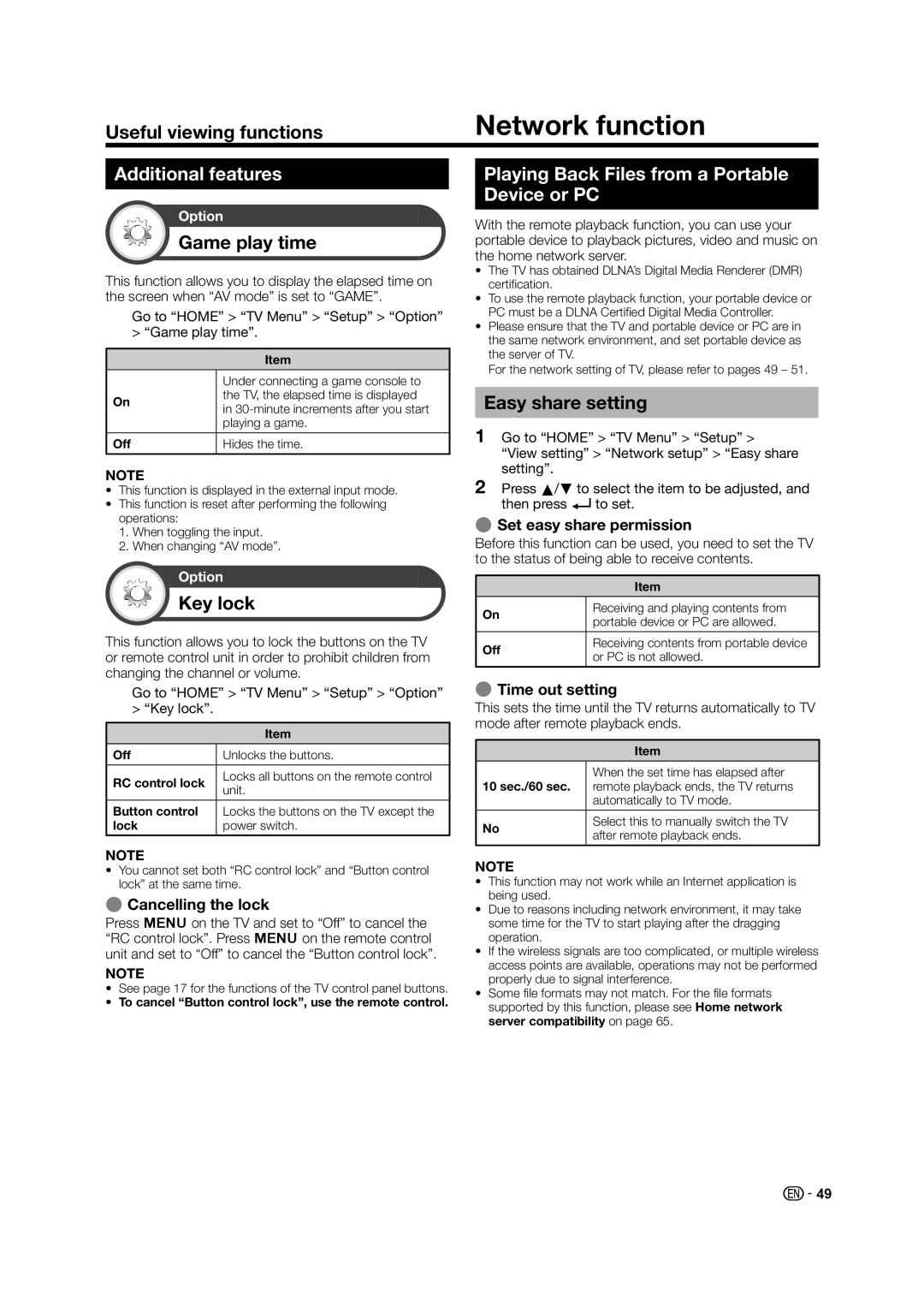 Sharp LC-60LE640X operation manual Network function, Additional features, Playing Back Files from a Portable Device or PC 