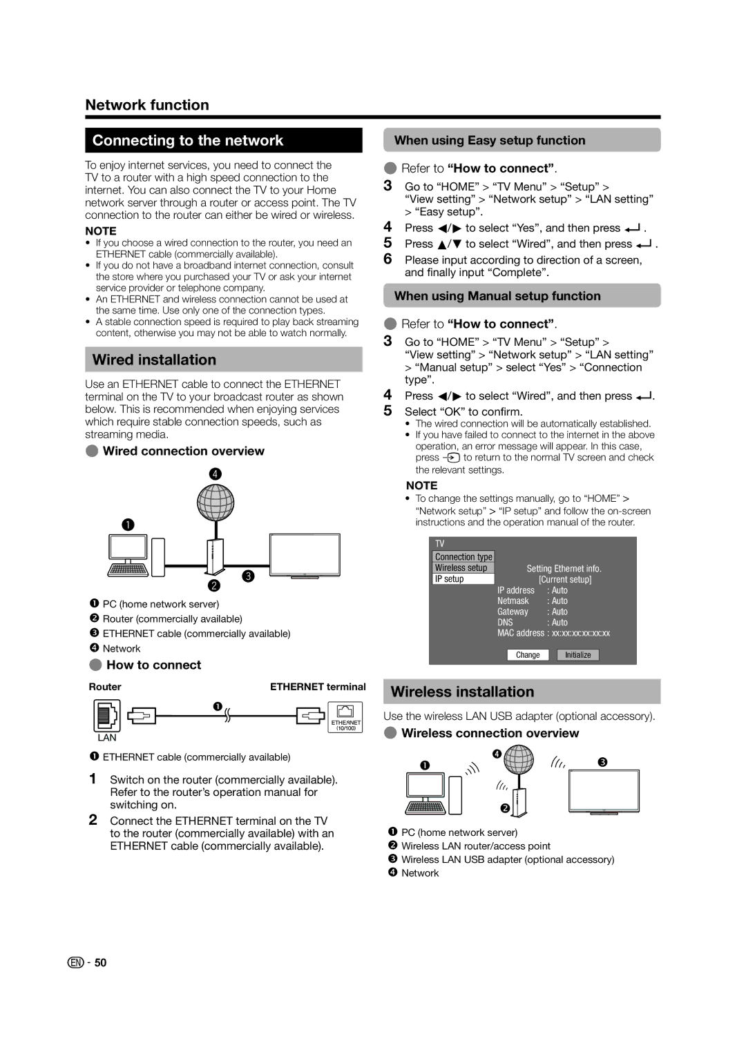 Sharp LC-60LE640X operation manual Network function, Connecting to the network, Wired installation, Wireless installation 