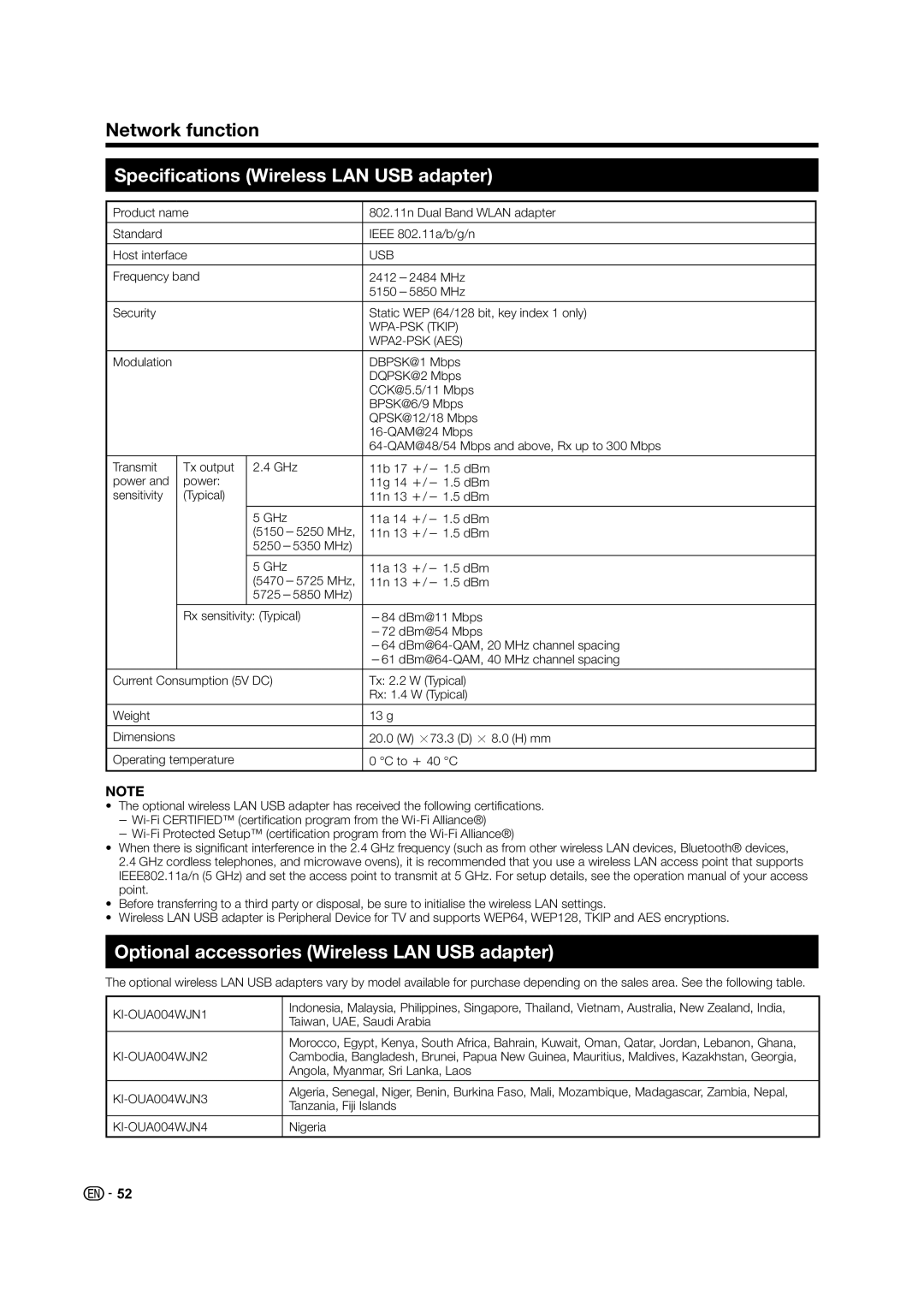 Sharp LC-60LE640X operation manual Specifications Wireless LAN USB adapter, Optional accessories Wireless LAN USB adapter 