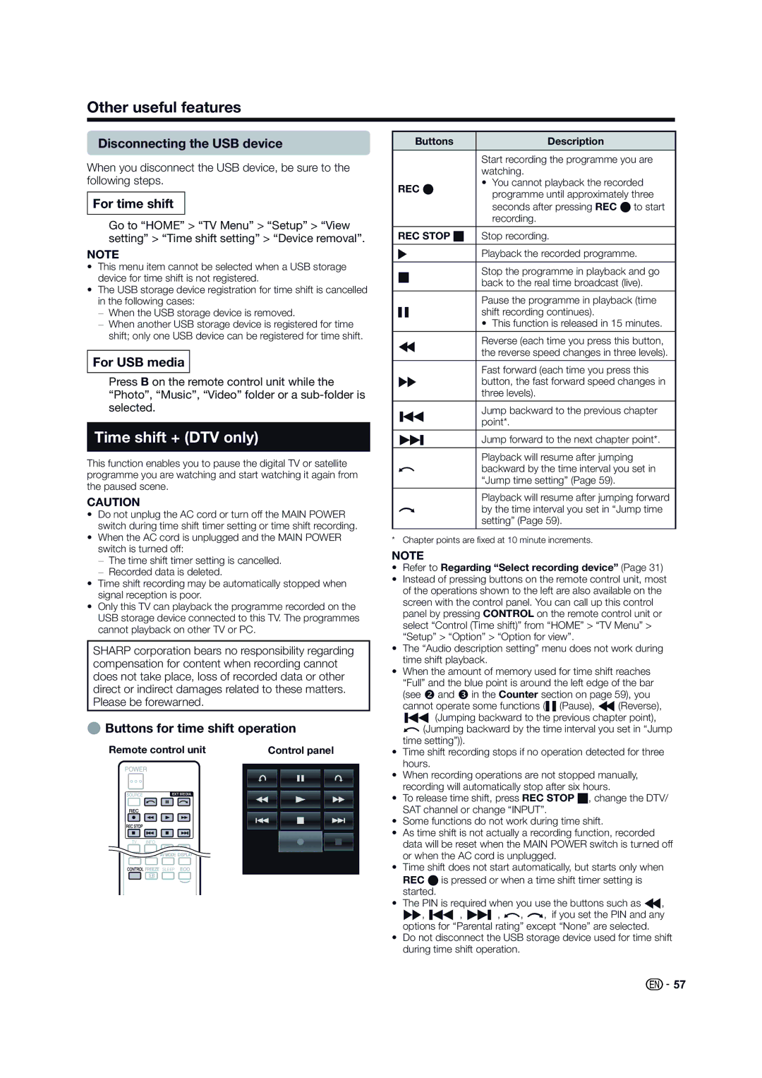 Sharp LC-60LE640X operation manual Other useful features, Time shift + DTV only, Disconnecting the USB device 