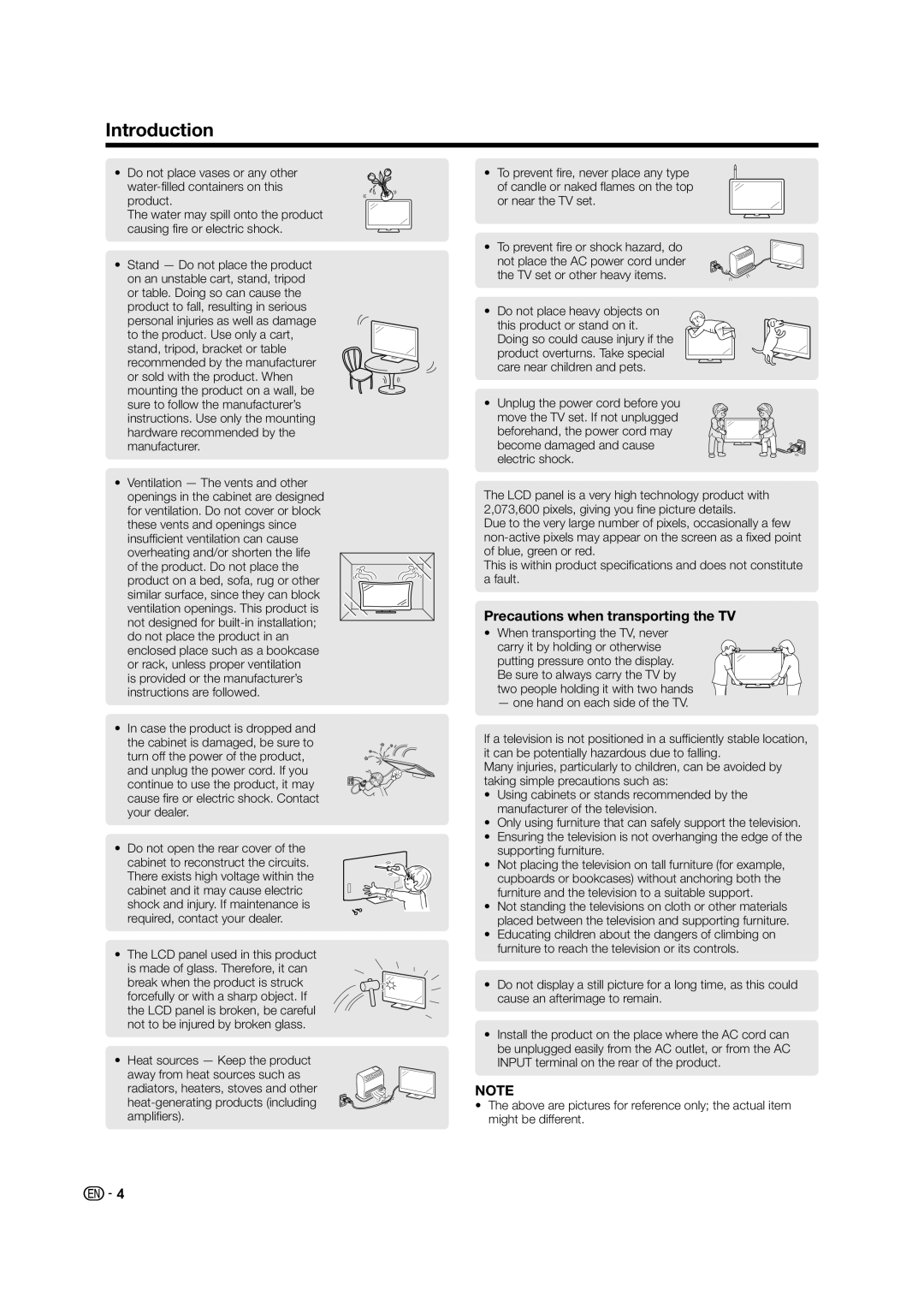 Sharp LC-60LE640X operation manual Introduction, Precautions when transporting the TV 