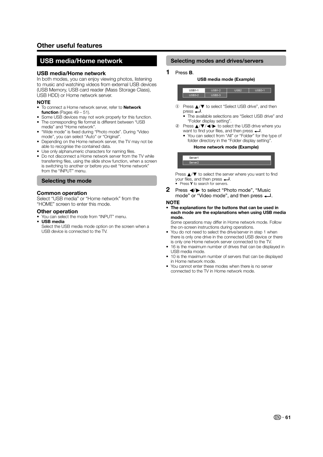 Sharp LC-60LE640X operation manual USB media/Home network, Selecting the mode Common operation, Other operation 