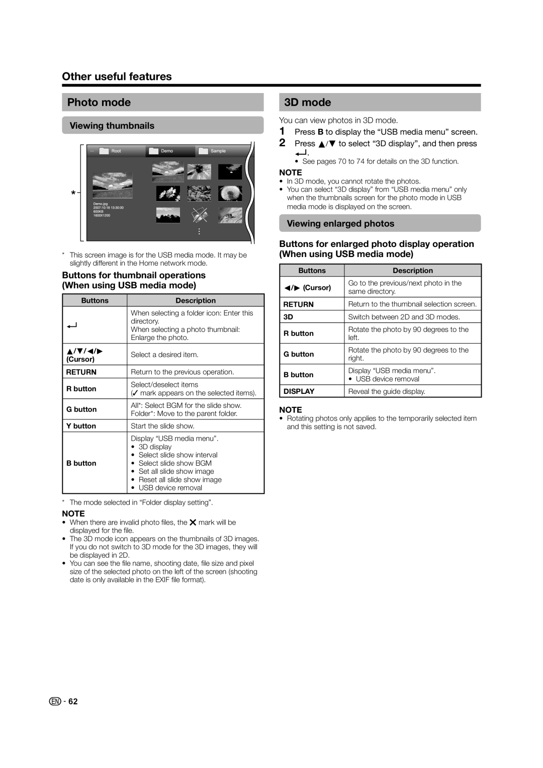 Sharp LC-60LE640X operation manual Other useful features Photo mode, 3D mode, Viewing thumbnails 