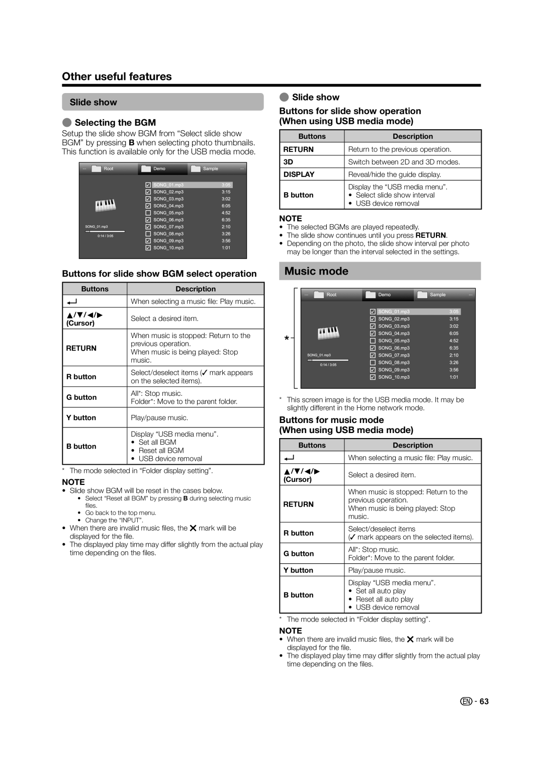 Sharp LC-60LE640X operation manual Music mode, Slide show ESelecting the BGM, Buttons for slide show BGM select operation 