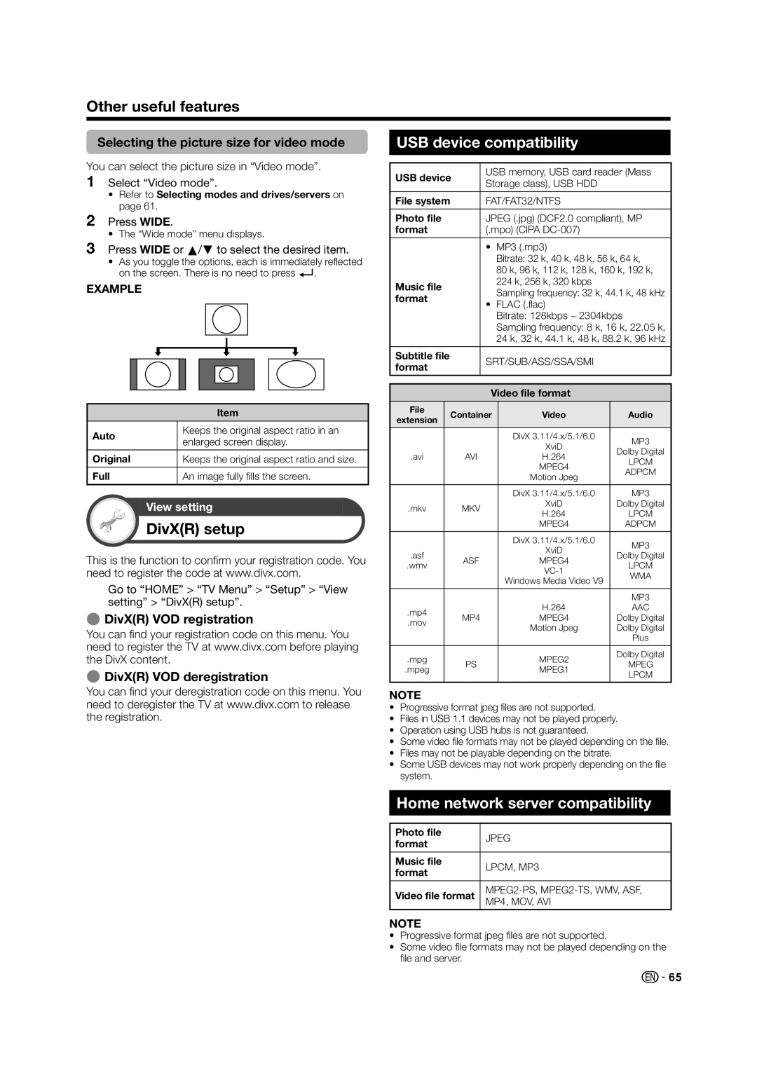 Sharp LC-60LE640X operation manual DivXR setup, USB device compatibility, Home network server compatibility 