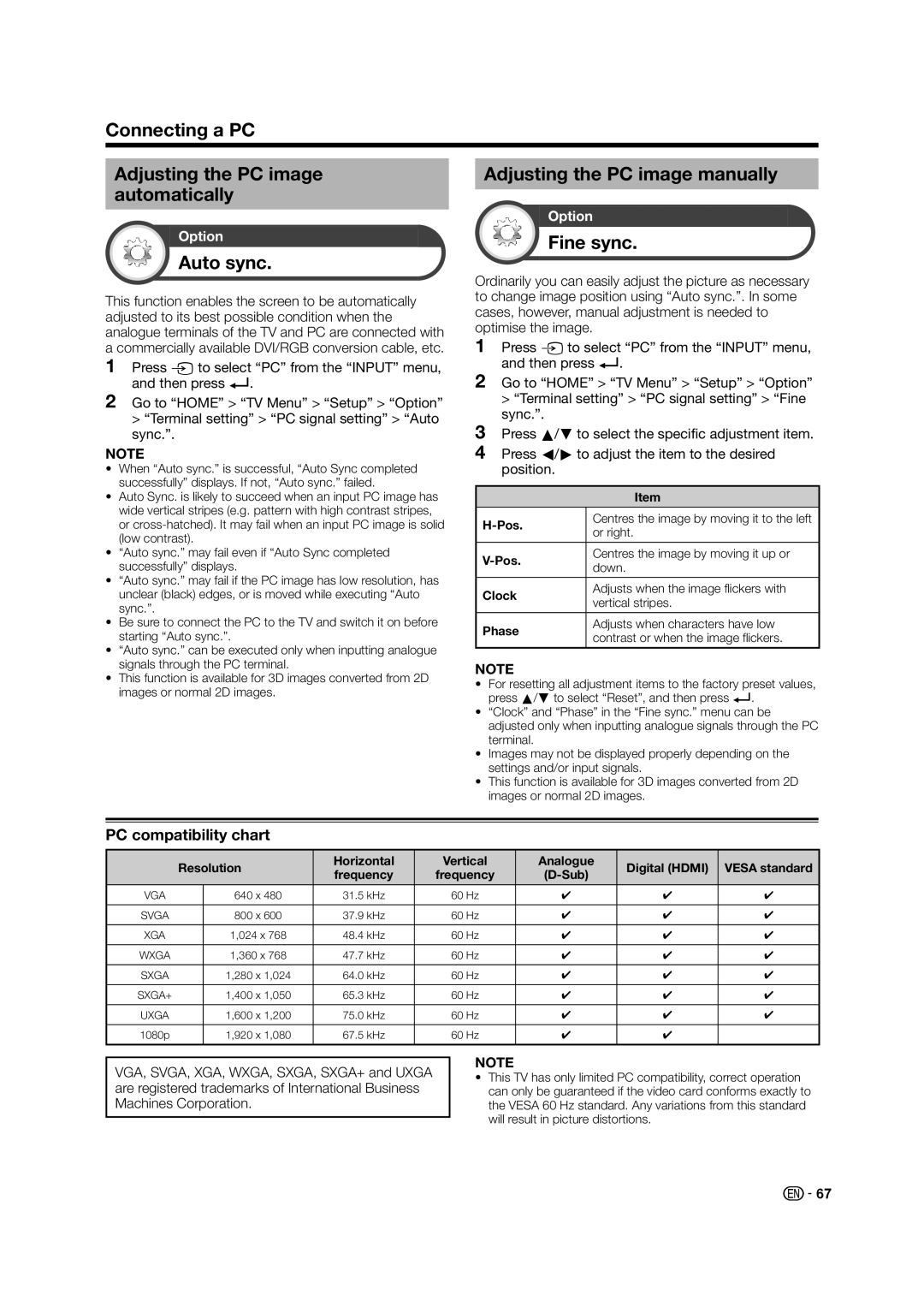 Sharp LC-60LE640X Connecting a PC Adjusting the PC image automatically, Auto sync, Adjusting the PC image manually 