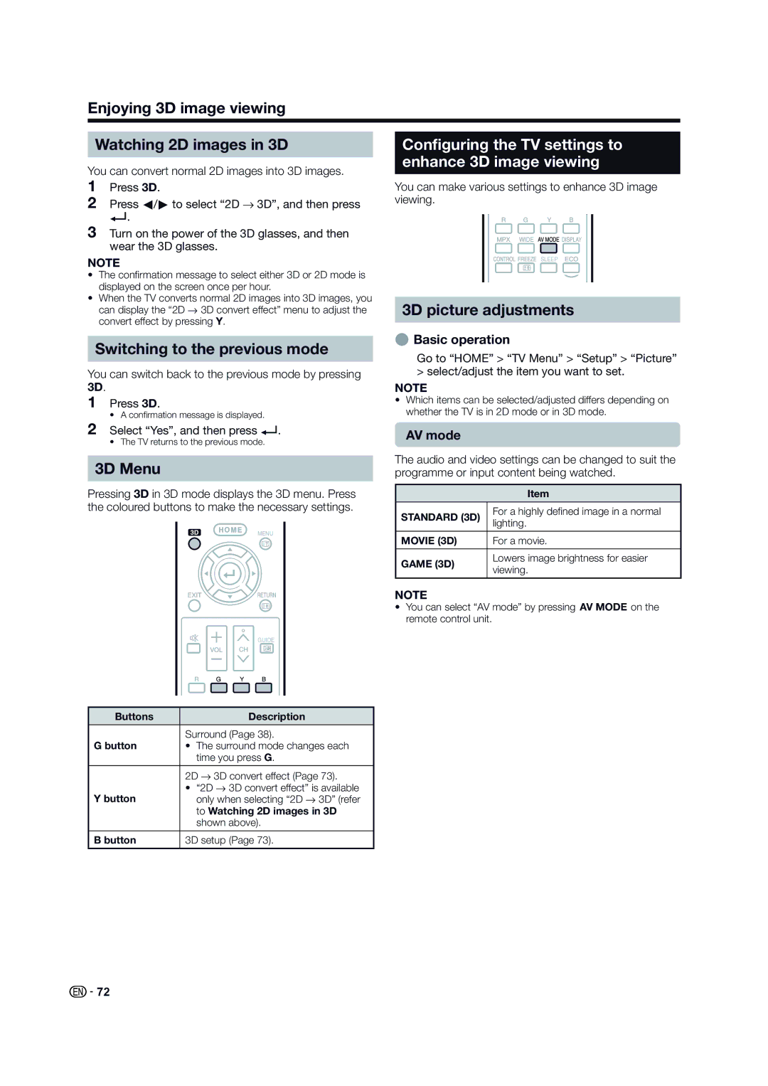 Sharp LC-60LE640X 3D picture adjustments Switching to the previous mode, 3D Menu, EBasic operation, AV mode 