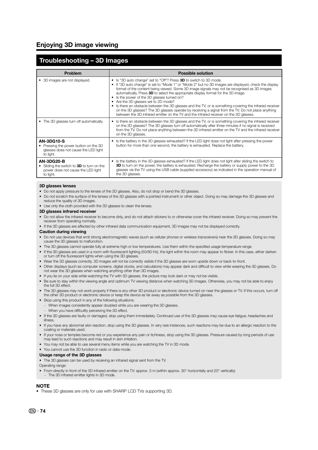 Sharp LC-60LE640X operation manual Troubleshooting 3D Images 