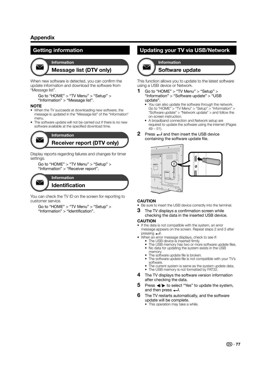 Sharp LC-60LE640X Getting information Updating your TV via USB/Network, Message list DTV only Software update 